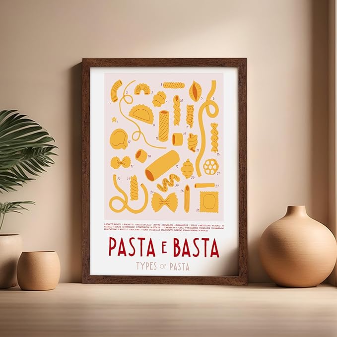 Poster Master Vintage Illustration Poster - Retro Food Print - Types of Pasta, Yellow, Spaghetti, Rotini, Penne - Gift for Artist, Chef - Wall Decor for Kitchen, Restaurant, 16x20 Brown Framed