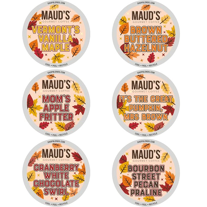 Maud's Fall Flavored Coffee Pods Variety Pack, 42ct, 6 Assorted Flavors, Medium Roast Coffee in Single Serve Pods – 100% Arabica Beans, Compatible with Keurig K Cups Maker by MAUDSCOFFEETEA