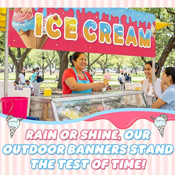 Tegeme Ice Cream Banners Sign 3 x 10 ft/ 36 x 120 Inches Ice Cream Flag Oxford Fabric Banners with 10 Holes for Business Store Outside