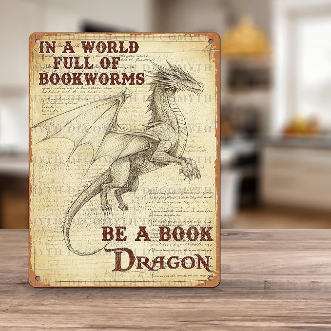 Retro Dragon Tin Sign In a World Full of Bookworms be a Book Dragon Vintage Metal Poster Funny Bath Wall Art Toilet Man Cave Bar Cafe Indoor Room Garage 12 * 16inch - Image 5