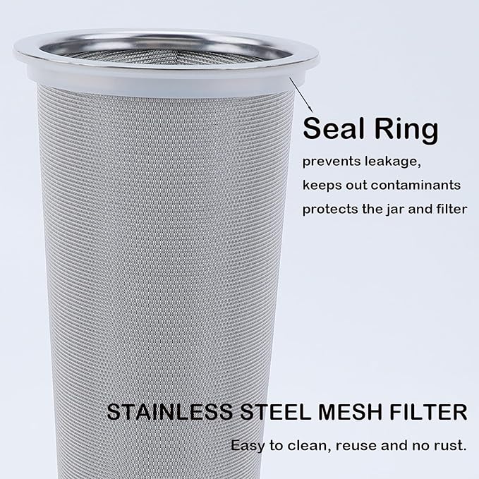 Fermus Cold Brew Coffee Filter for 32oz / 1Quart Wide Mouth Mason Jar Infuser 304 Stainless Steel Strainer with Seal Ring Design for Grounds Tea Fruit Coffee Filter (32 Ounces Mason Jar Filter)