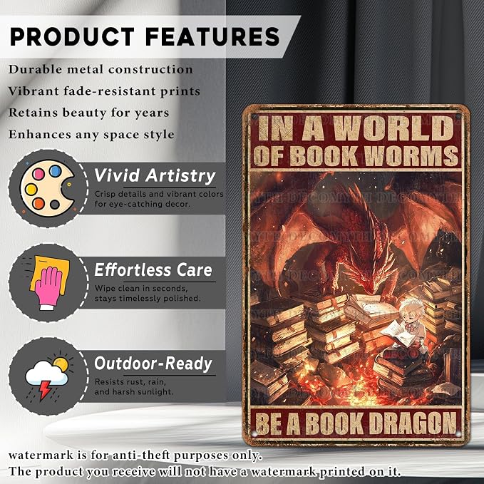 Dragon Vintage Art Wall Decor Sign In A World of Bookworms Be A Book Dragon for Garage Home Bedroom Bar Wall Decor 12 * 8inch - Image 2