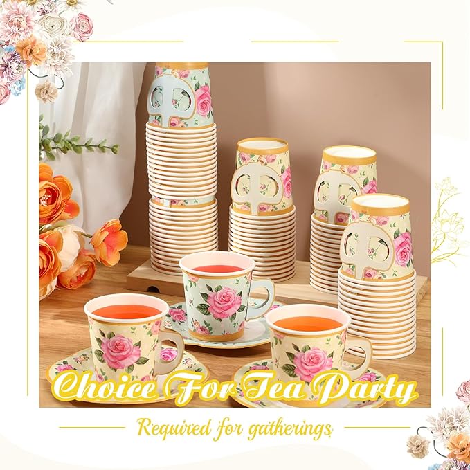 Umigy 60 Sets Tea Party Decorations 6.5 oz Floral Paper Tea Cups with Handle and Plates Disposable Blossom Teacups and Saucers Sets for Girls Kids Birthday Garden Wedding Party Supplies(Yellow, Green)