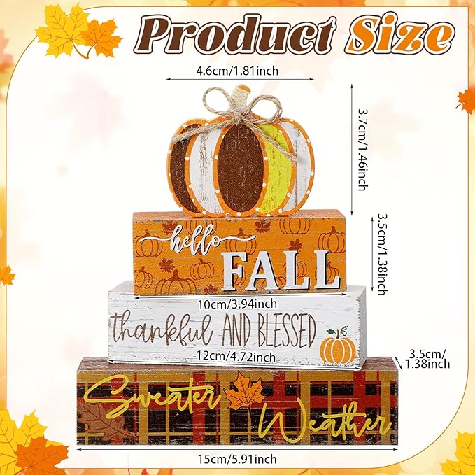 Geelin 4 Pcs Thanksgiving Decorations Fall Wooden Sign Pumpkin Tiered Tray Decor Hello Fall Table Centerpiece Wood Blocks Table Top Sign for Home