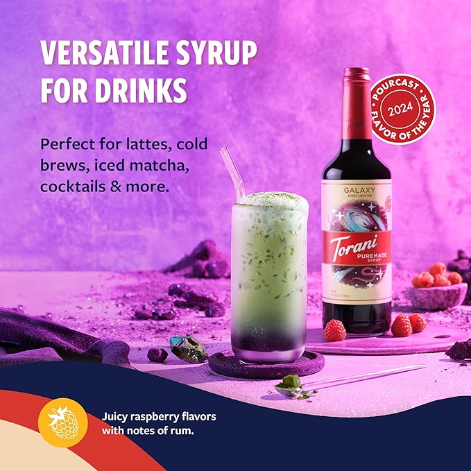 Torani Puremade Syrup, Galaxy, 2024 Flavor of the Year, Glass Bottle with Pump Included, 25.4 Fl Oz