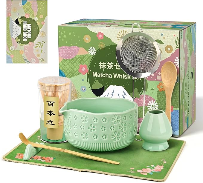 Matcha Whisk Set, 7 Pcs Matcha Making Kit with Matcha Bowl, Matcha Whisk and Holder, Bamboo Scoop, Scoop Rest, Sifter and Tea Towel，Gifts for Christmas Birthday