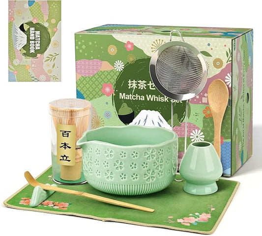 Matcha Whisk Set, 7 Pcs Matcha Making Kit with Matcha Bowl, Matcha Whisk and Holder, Bamboo Scoop, Scoop Rest, Sifter and Tea Towel，Gifts for Christmas Birthday