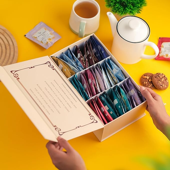 The Vedas Book Of Tea Gift Set | Assorted Tea Bags Gift Box | Christmas Gift | 12 Exotic Herbal Tea Blends In Handcrafted Cotton Bags | Net 48 bags | Gift for mom