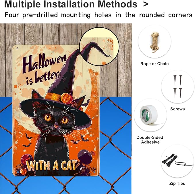 KanaAt Halloweenis Better with a Cat Retro Metal Sign Vintage Tin Sign for Cafe Bar Home Front Porch Office Indoor Outdoor Wall Decor Pre-Drilled Holes for Easy Installation 8x12 inch, diany-m89 - Image 3