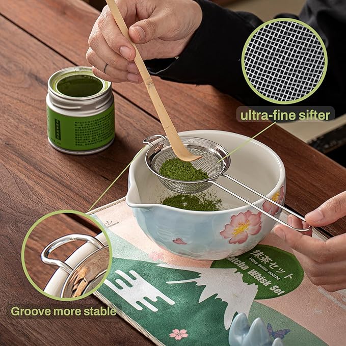 Clay&Fire Matcha Whisk Set，9 Pcs Ceramic Matcha Set, 15 OZ Matcha Bowl with Spout and Whisk，Matcha Kit for Friend, Ideal Gift for Matcha Lover（Cherry Bloom）