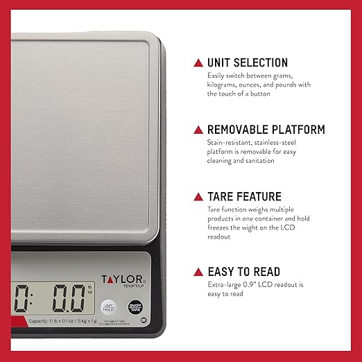 Taylor TE10FT 11-Pound Commercial Digital Portion Control Scale, 11 lb (5 kg) in 0.1 oz (1 g) Food and Cooking Scale, Tare and Hold Function, NSF, Stainless Steel Platform