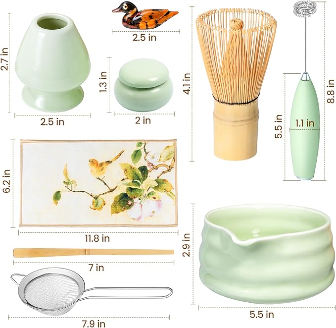 Matcha Whisk Set and Bowl, Matcha Making Kit Whisk, Bowl With Spout, Sifter, Ceramic Whisk Holder, Spoon Japanese Tea Powder Starter Tools For Ceremony Gift (Green, 9 Pack)