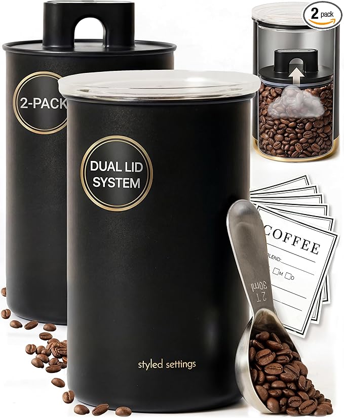 STYLED SETTINGS Vacuum Seal Coffee Bean Container Set – 2-Piece Stainless Steel Coffee Canisters with Scoop and Labels, Matte Black Dual-Lid Airtight Design, 1 lb Capacity Each - Coffee Gift Ideas