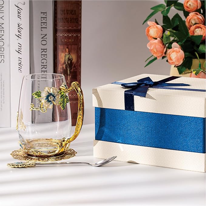 Flower Tea Cup,Butterfly Daisy Glass Fancy Coffee Mug with Spoon,Gift Box for Her Mom Wife Grandma Girls Friends Valentines Christmas Birthday Present Idea for Juice,Hot/Cold Drinks Use