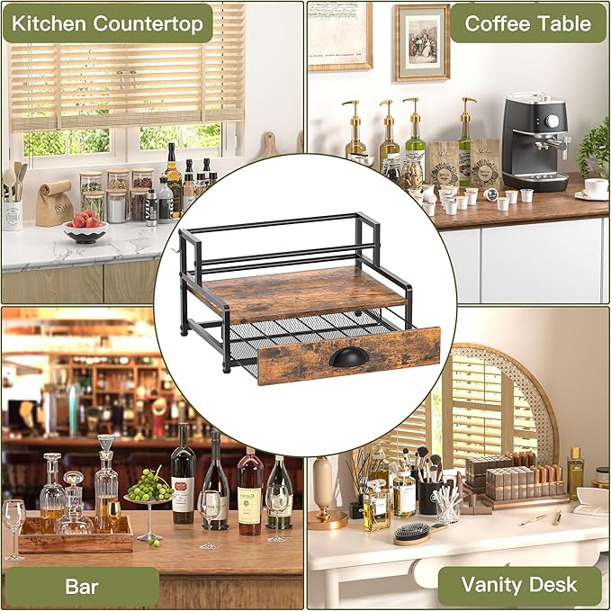 Coffee Syrup Rack Organizer, 3 Tier Countertop Storage Shelves with 35 K Cup Drawer, 8 Syrup Bottle Stand Holder for Wine, Kitchen Coffee Station Organizer Rack, Rustic Brown
