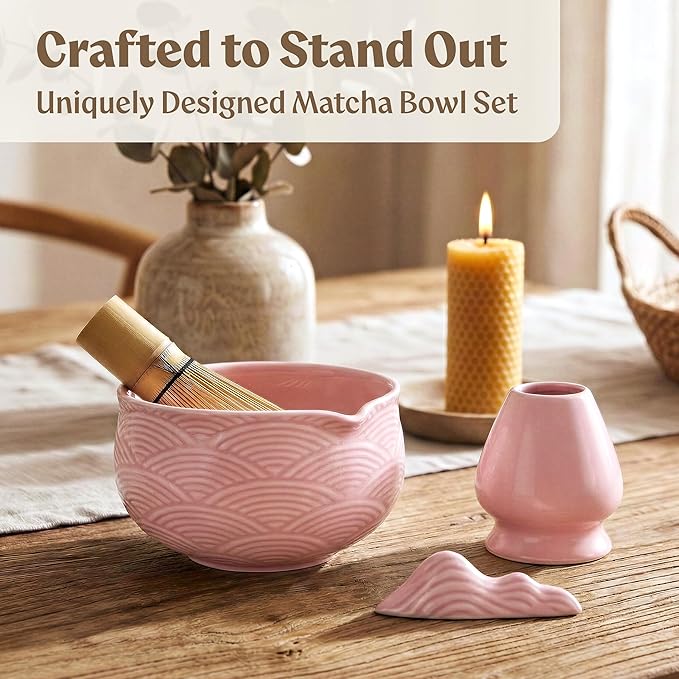 Matcha Kit Whisk Set (7 Pcs) - Complete Matcha Set, Matcha Bowl with Spout, Whisk with Holder, Bamboo Scoop with Rest and Sifter, Perfect Kit for Matcha Lovers (Sakura Pink)