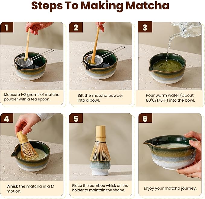 Matcha Whisk Set, Ceramic Matcha Kit Desert Style, Matcha Whisk and Bowl, Bamboo Scoop and Rest, Sifter and Tea Towel, 7 Pcs Gifts for Matcha Lover - Dark Green