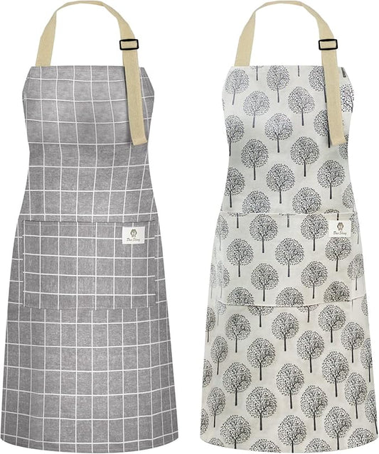 NLUS 2 Pack Waterproof Cooking Aprons, Adjustable Bib Soft Chef Apron with 2 Pockets for Men Women (Gray Stripe/Gray Trees)