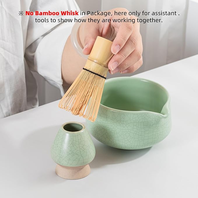 TEANAGOO Matcha Bowl with Spout,Ceramic Matcha Bowl Set and Whisk Holder, Green Tea Bowl, 2 PCS Macha Chawan 17.2oz/510ml,Matte Light Green with Black Seam with Stand