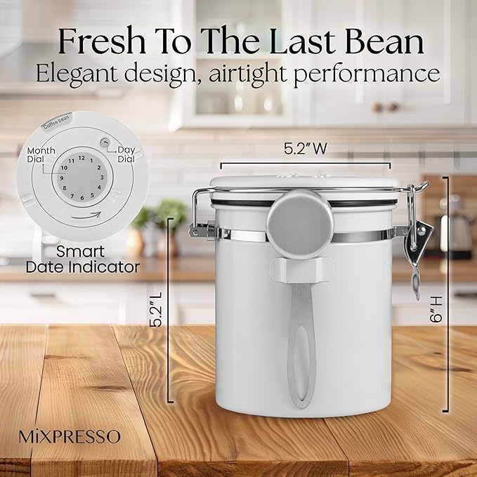 Mixpresso White 16 Oz Stainless Steel Coffee Canister with Scoop – Airtight Coffee Container with CO2 Valve for Bean Storage, Date Tracker Lid