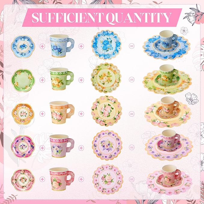 Nuogo 300 Pcs Disposable Tea Party Supplies Vintage Floral Paper Tea Cups with Handle and Plates Napkins Tea Cup and Saucer Set for Birthday Baby Shower Bridal Wedding Mother's Day, Serve 100 Guest