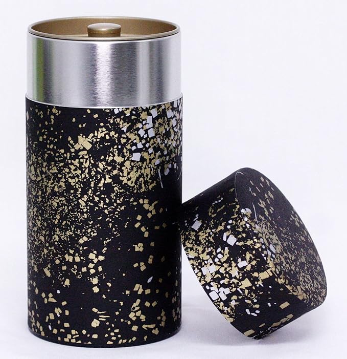 Washi Paper Tea Tin Canister: Long 7oz (200g) Gold and silver stardust in the black sky (#7), Japan