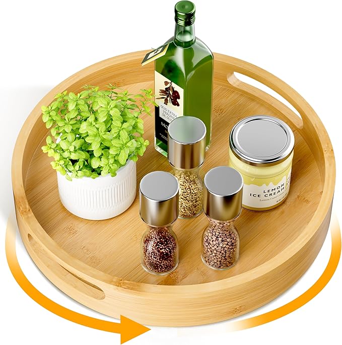 Lazy Susan Organizer Homerays 13 Inch Non-Skid Bamboo Lazy Susan for Kitchen Rotating Spice Rack with Handles, Wood Turntable for Kitchen Cabinet,Countertop (Bamboo, Large) by Homerays