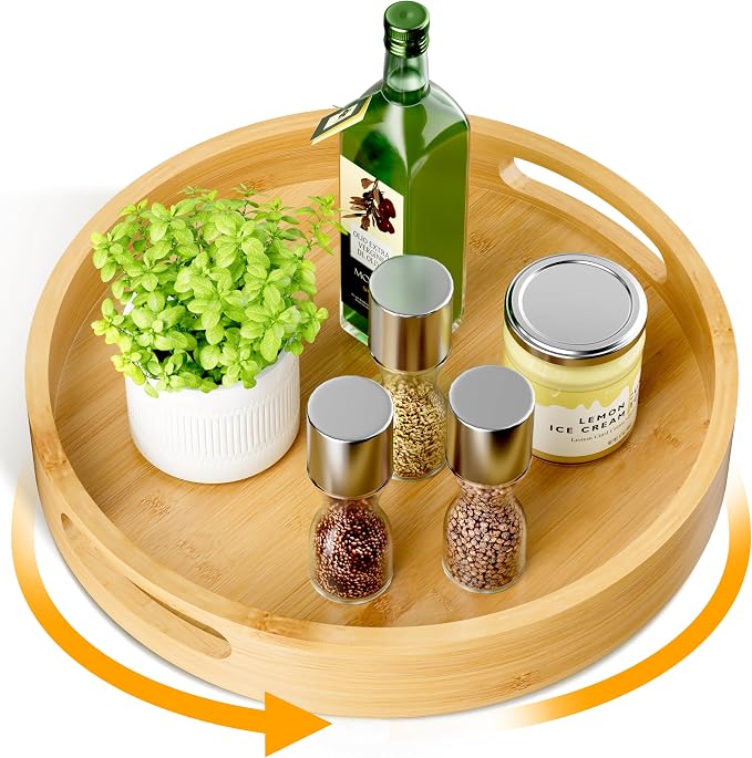 Lazy Susan Organizer Homerays 12 Inch Non-Skid Bamboo Lazy Susan for Kitchen Rotating Spice Rack with Handles, Wood Turntable for Kitchen Cabinet,Countertop (Bamboo, Medium) by Homerays