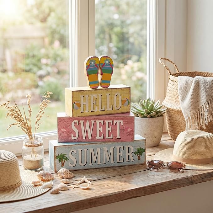 Geelin 4 Pcs Summer Decorations Wooden Sign Hello Summer Flip Flop Table Centerpiece Tiered Tray Decor Beach Farmhouse Blocks Table Top Sign for Home