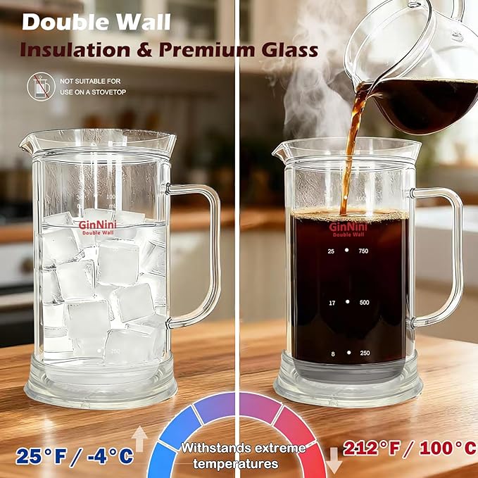 34-Ounce plastic free French Press Coffee Maker, Double Wall Glass coffee press, Stainless Steel Filter and Shaft, Bamboo Knob and Lid, Heat-Resistant tea french press no plastic large tea maker