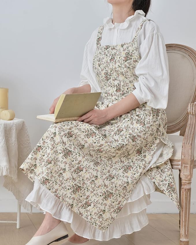 Japanese Cotton Linen Cross Back Apron with Pockets,Fashion Pinafore Dress for Gardening Painting Cleaning Cooking - Image 5