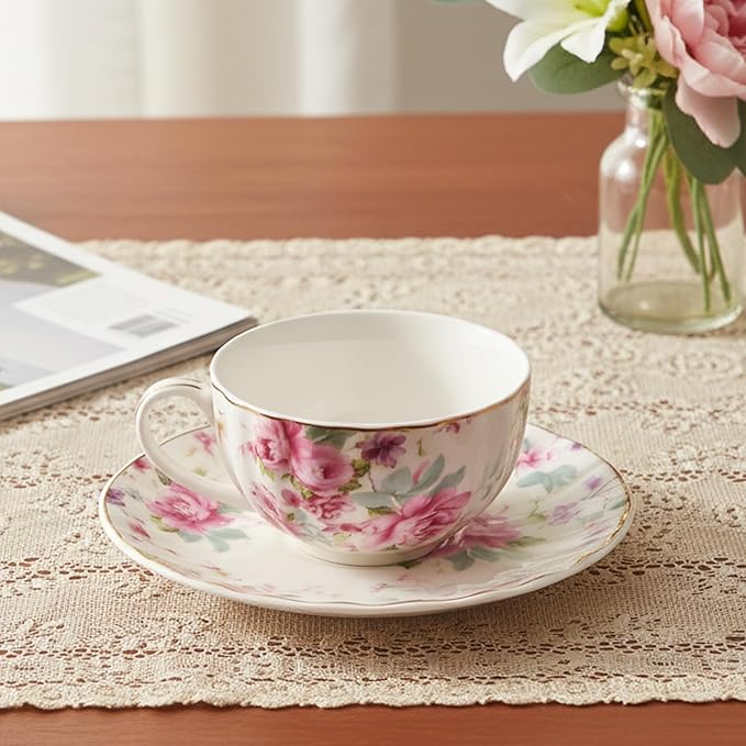 BTaT- Floral Tea Cups and Saucers, Set of 6, 7 oz, Fine Porcelain Teacup Set with Gold Trim for Afternoon Tea, Weddings, Parties & Gifting, Dishwasher Safe and Freezer Safe