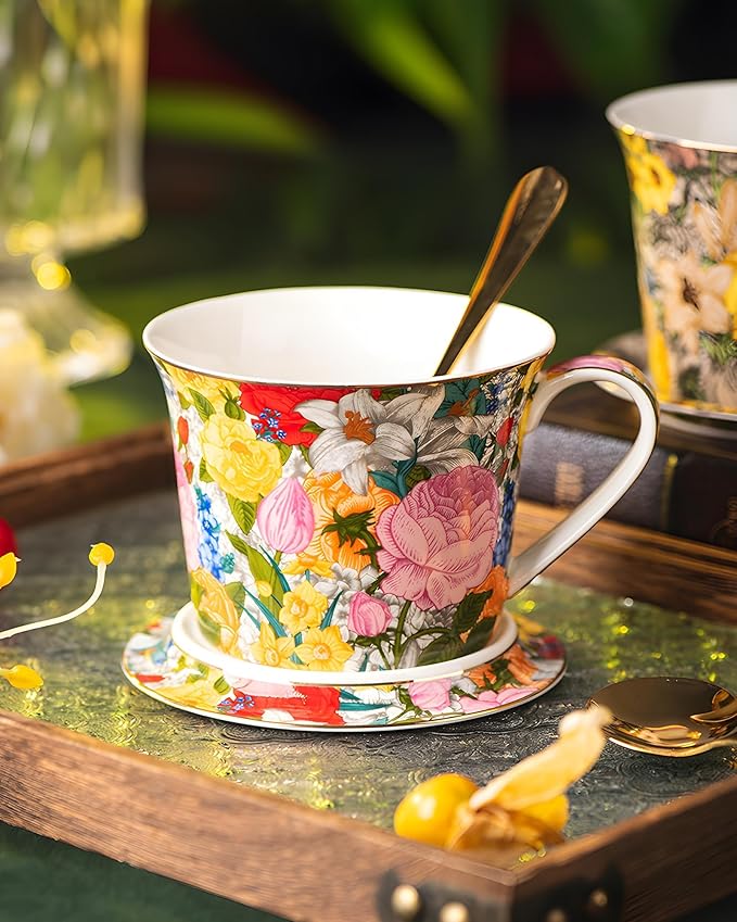 15oz Ceramic Coffee Mug – French Vintage Garden Style Cup with Multicolor Floral Design & Gold Rim, Artistic Pottery Gift Mug for Women