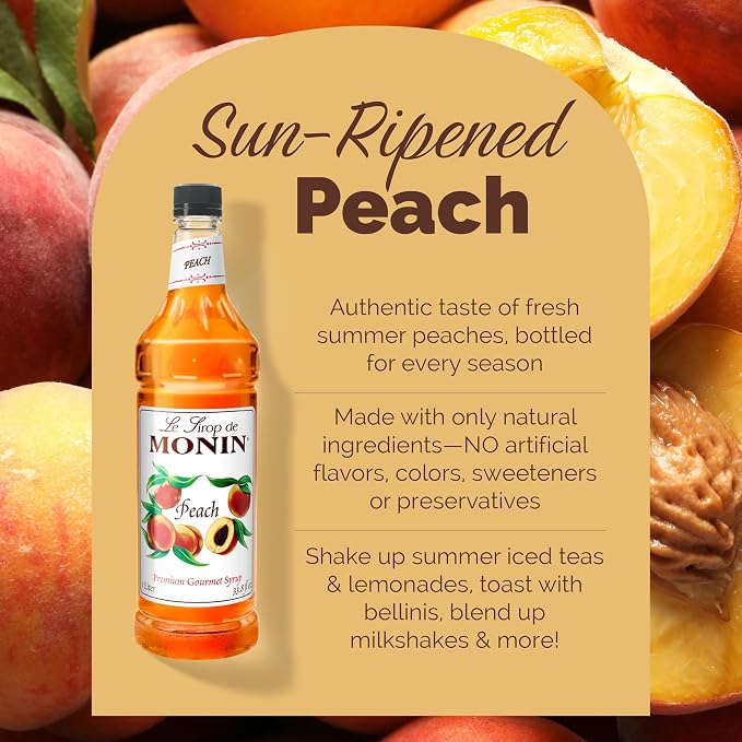 Monin - Peach Syrup, Fresh and Juicy Flavors, Great for Iced Teas, Lemonades, and Sodas, Non-GMO, Gluten-Free (1 Liter) - Image 3