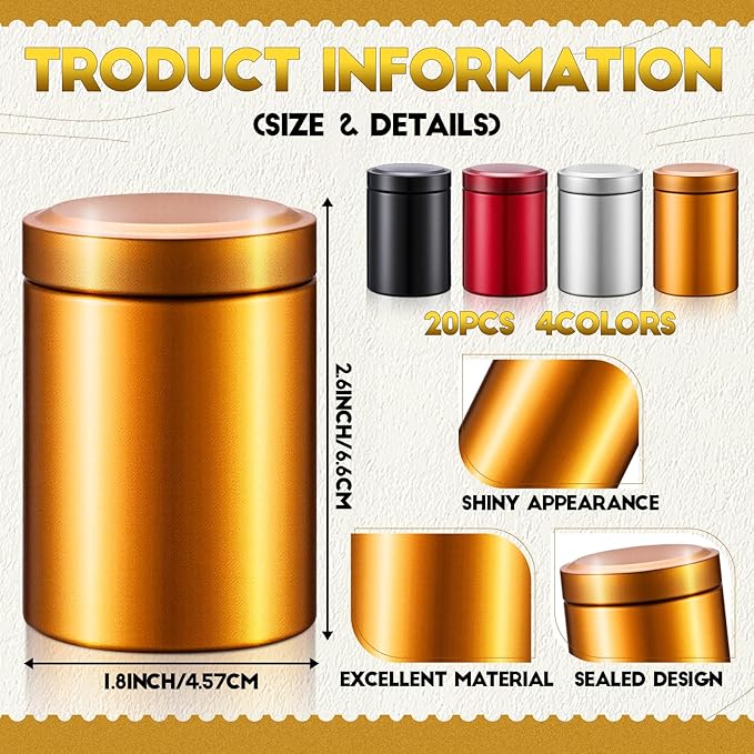 20 Pcs Mini Tea Tin Canister 1.8 × 2.6" with Round Airtight Double Lid Small Kitchen Tea Canister Container for Travel Business Leaf Coffee Candy Spices Herbs (Dark Red,Black,Silver,Gold)