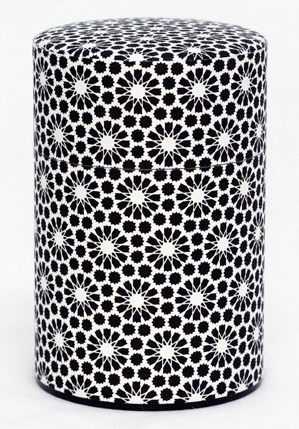 Washi Paper Tea Tin Canister: Long 5.3oz (150g) Black & White Sunflowers (#67), Japan
