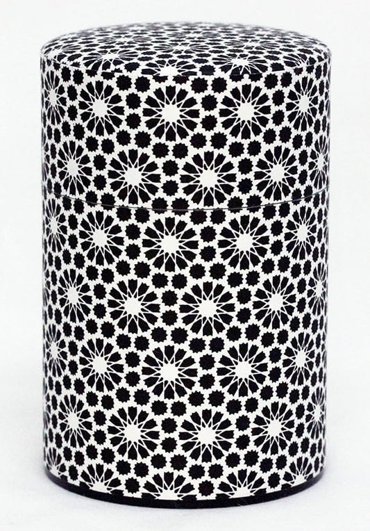 Washi Paper Tea Tin Canister: Long 5.3oz (150g) Black & White Sunflowers (#67), Japan