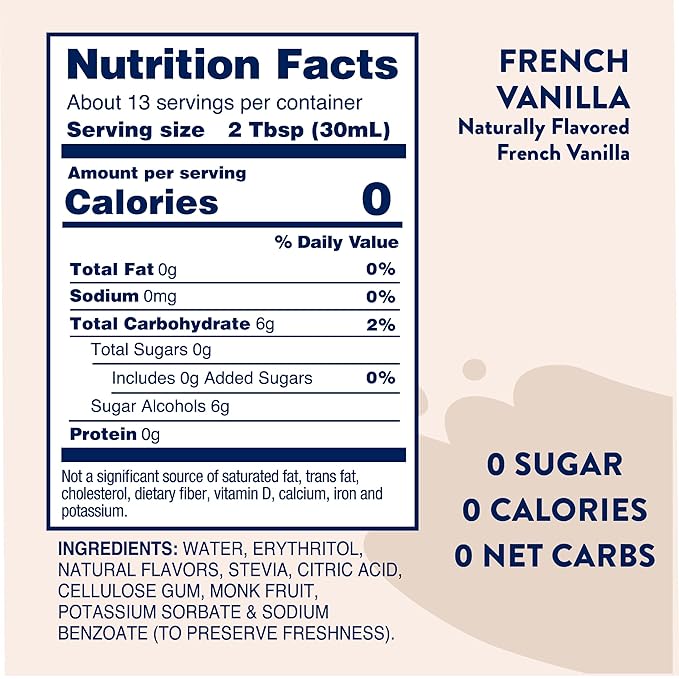 Jordan's Skinny Mixes Sugar Free Coffee Syrup, French Vanilla Coffee Flavoring Syrup, Naturally Sweetened Zero Calorie Drink Mix, Lattes, Baking or Protein Shake, Dairy & Gluten Free, 12.7 Fl Oz