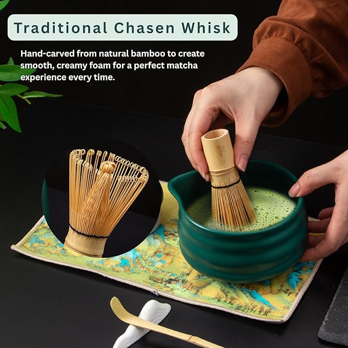 7PCS Ceramic Matcha Set – Traditional Japanese Tea Kit for Matcha Preparation with Pouring Bowl, Bamboo Whisk & Stand, Scoop with Rest, Sifter and Tea Cloth – Ideal for Matcha Lover