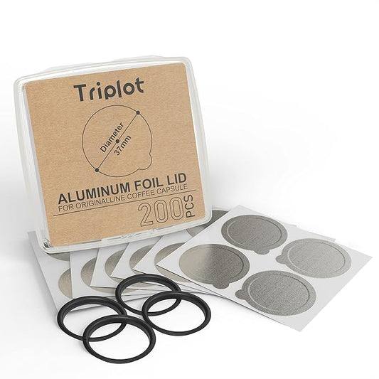 Aluminum Lids for Reusable Nespresso OriginalLines Capsules 200pcs with 4pcs Silicone Seals to Reusable Nespresso Original Line Stainless Steel Coffee Pods.