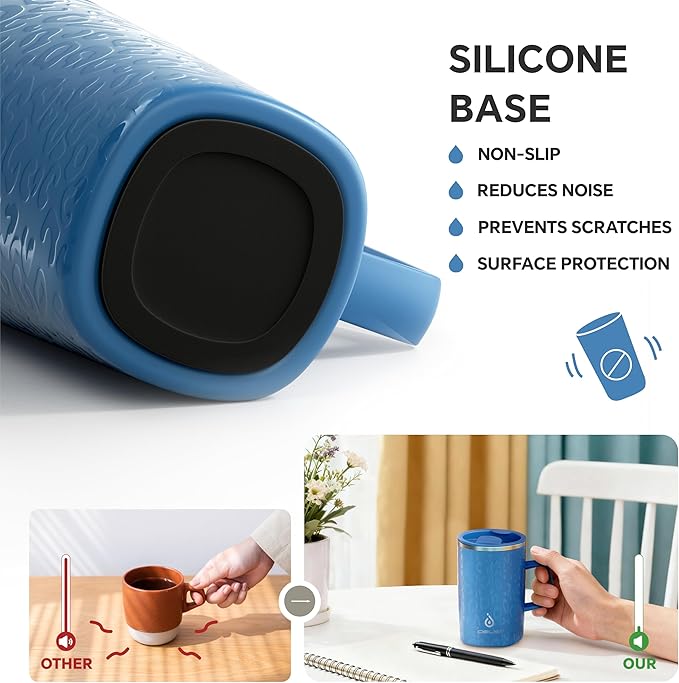 Ideus Vacuum Insulated Coffee Mug, 16oz Reusable Stainless Steel Thermal Double Walled cup with Handle and Slider Lid for Hot & Cold Beverages, BPA Free (Leapord Blue)