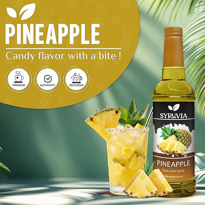 Syruvia Pineapple Syrup, Flavored Syrup for Drinks, Cocktails, Lemonades, Iced Teas, and Desserts – 25.4 fl oz