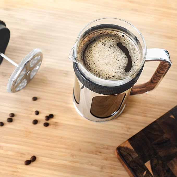 brim 8 Cup French Press, Quickly Brew Coffee in Under 5 Minutes, Classic Design with Modern Twist, Dishwasher Safe Carafe for Easy Cleaning, Replacement Filter Included, Stainless Steel/Wood