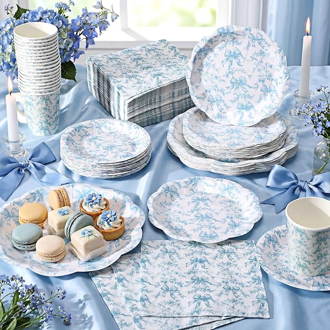Pickmesh 252 Pcs Blue Bow Floral Tea Party Supplies for 36 Guests Flower Paper Disposable Dinnerware Flower Teacup with Handle and Saucers Set for Tea Party Decorations Birthday Baby Shower Wedding