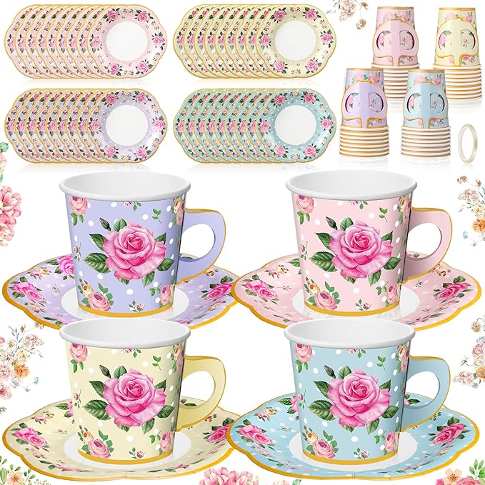 Umigy 36 Sets Tea Party Decorations 9 oz Floral Paper Tea Cups with Handle and Plates Disposable Blossom Teacups and Saucers Sets for Girls Kids Birthday Garden Wedding Party Supplies(Mixed Color)