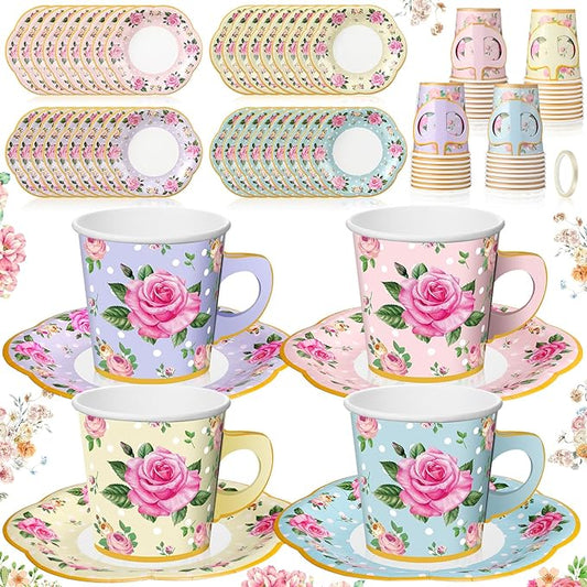 Umigy 36 Sets Tea Party Decorations 9 oz Floral Paper Tea Cups with Handle and Plates Disposable Blossom Teacups and Saucers Sets for Girls Kids Birthday Garden Wedding Party Supplies(Mixed Color)