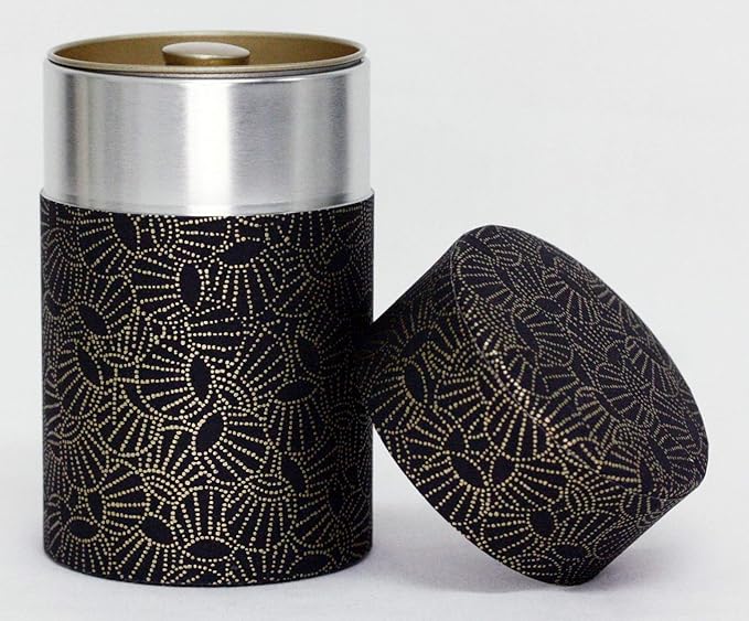 Washi Paper Tea Tin Canister: Long 3.5oz (100g) Golden Uchiwa Fans (#68), Japan