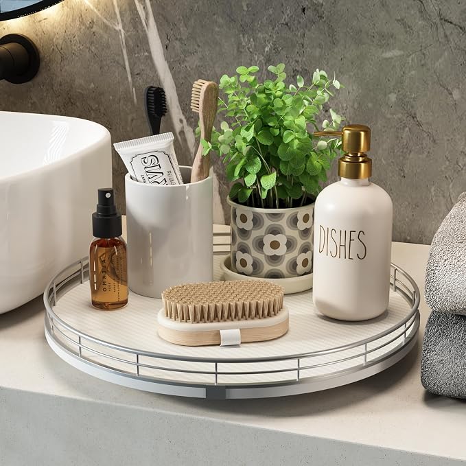 13" Lazy Susan Turntable Organizer for Table Top, Round Wooden Lazy Susan for Cabinet Kitchen Decor Centerpieces Coffee Table, Storage Condiments Spices, Bathroom Vanity Tray for Soap, White - Image 5