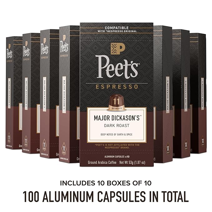 Peet's Coffee, Dark Roast Espresso Capsules, Compatible with Nespresso Original Machines, 100% Arabica Coffee - Major Dickason's Blend, Intensity 11, 100 Count (10 Boxes of 10 Espresso Capsules)