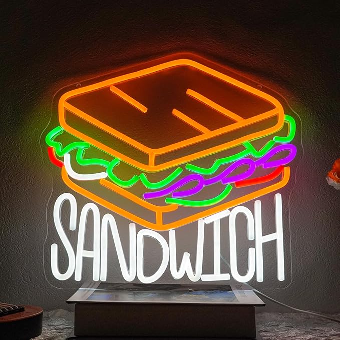 Sandwich Neon Sign Dimmable Food Neon Light Sign for Wall Decor Letters Snacks Led Signs for Home Kitchen Restaurant Store Fast Food Man Cave Bar Party Business Decor Gift 13.8" x 12.6"